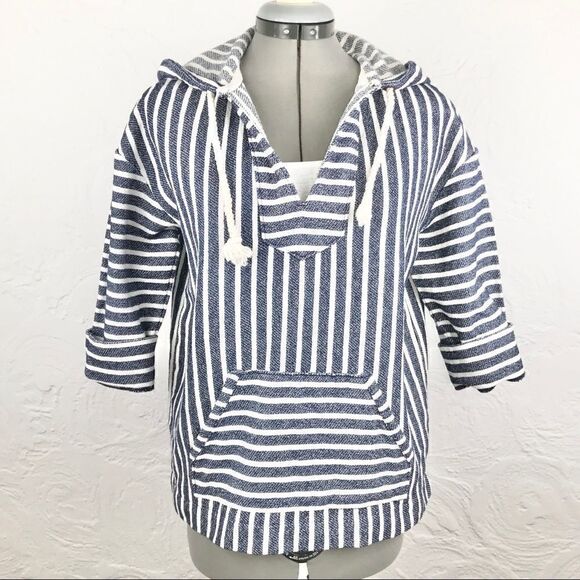 J. Crew Blue / Cream Striped Nautical Coastal Popover Beach Hoodie - Picture 6 of 16